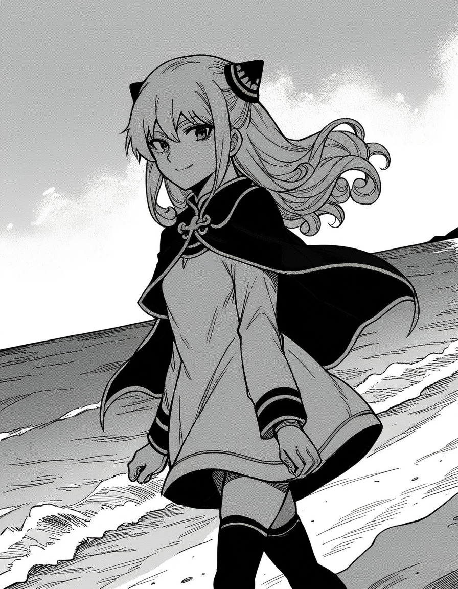 score_9, score_8_up, score_7_up, source_anime, <lora:ashe-talton-manga-ponyxl-lora-nochekaiser:1>, rengoku ashe, long hair, greyscale, monochrome,, thighhighs, long sleeves, capelet, cape, dress, white dress,, beach, sunset, walking along shore, footprints in sand, waves, peaceful, smile, looking at viewer, solo,, cowboy shot, dutch angle