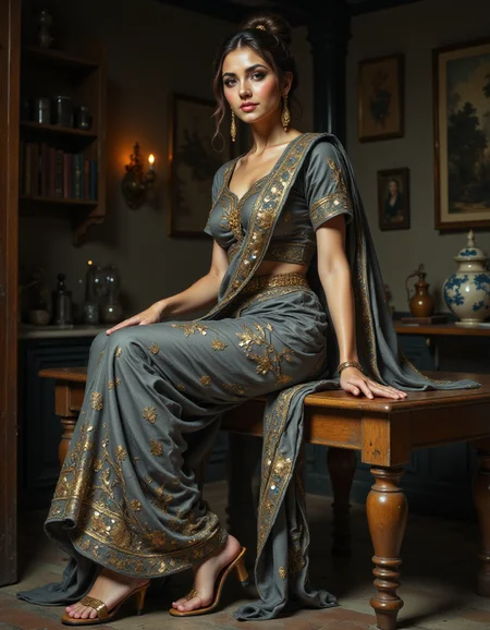 Beautifully detailed and serene realistic full-length portrait.
An beautiful women wearing Gray traditional abstract sequin saree with short sleeves boat neck linen blouse,wearing matching sandals. detailed face, no makeup, detailed eyes, Full body visible, Detailed Dress, Detailed background, One Leg Dangling (Sitting on a high surface like a table or counter with one leg dangling and the other bent, hands resting on the surface.) .
<lora:fluxenhancer:0.8> fluxenhancer <lora:dreadmirth-style-art:0.8> dreadmirthart <lora:FSF-Real-Babes:0.8> <lora:Vibrantly_Sharp_style_v.5:0.8>