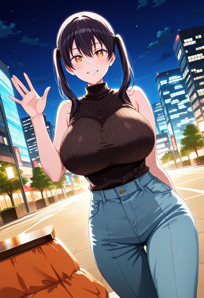 general,highres, ultra-detailed,very aesthetic,best quality ,best hands,best eyes,easynegative,
dynamic anglre, dutch angle, anime cloring,
1girl solo,looking at viewer,smile,night,city,waving hand, 
Kotatsu tamaki,black_hair, orange eyes, huge_breasts, twintails,black sleeveless shirt,pants,