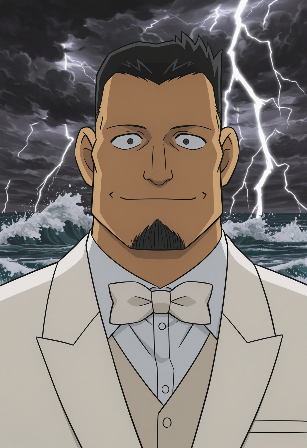 1boy, portrait, anime screenshot, ocean, light smile, dark clouds, waves, thunder, lightning,
BREAK
<lora:Tsutomu_Muranaka_from_Detective_Conan_The_Bride_of_Halloween_v1.0:1> plump,
tsutomumuranaka, mature male, black hair, short hair, goatee, tan skin, wide jaw, square face,
white suit, white bowtie, white shirt, collared shirt, beige vest,
BREAK
very awa, masterpiece, best quality, absurdres, newest, perfect quality, detailed background, intricate details,
