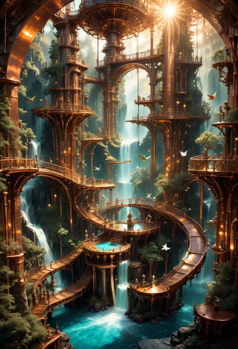 a vast floating island made of copper panels and exposed pipework, waterfalls of golden steam, bridges of gear-linked segments, birds made of bronze soaring overhead, soft sunlight reflecting on polished surfaces, whimsical and epic, 8k, fantasy illustration, best quality, absurdres, masterpiece