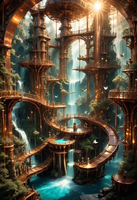 a vast floating island made of copper panels and exposed pipework, waterfalls of golden steam, bridges of gear-linked segments, birds made of bronze soaring overhead, soft sunlight reflecting on polished surfaces, whimsical and epic, 8k, fantasy illustration, best quality, absurdres, masterpiece