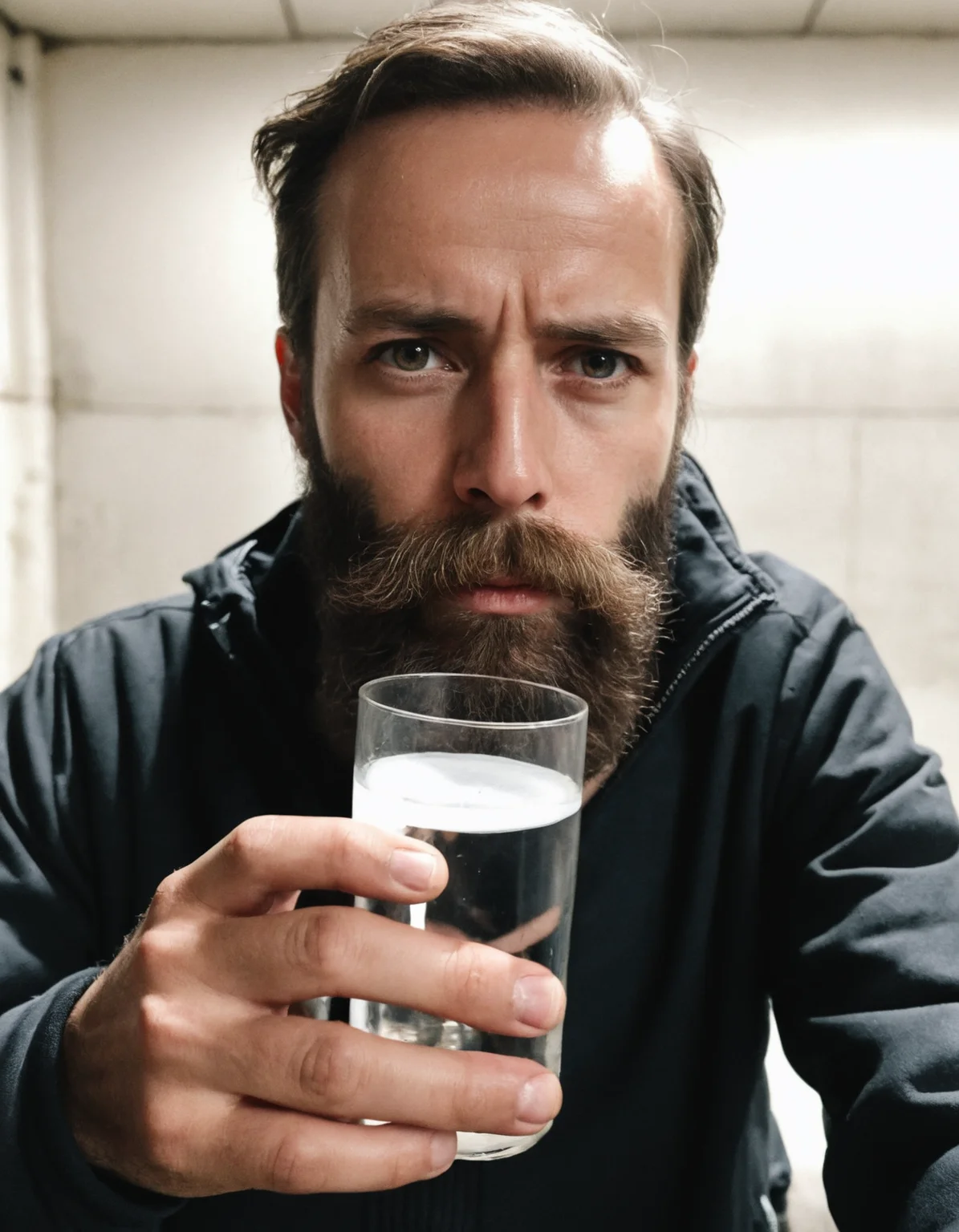 amateur cellphone photography man with beard with at drinking water reservoir, symmetrical face . f8.0, samsung galaxy, noise, jpeg artefacts, poor lighting,  low light, underexposed, high contrast
