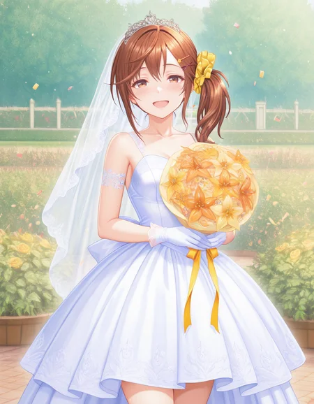 tiara, veil, wedding dress, white gloves, white dress, garden, standing, cowboy shot, holding bouquet, smile, open mouth, confetti, <lora:Misaki_vvp_lcd_v0.3:1> misakivvplcd, yellow scrunchie, hair clips, side ponytail,
masterpiece, best quality, amazing quality,