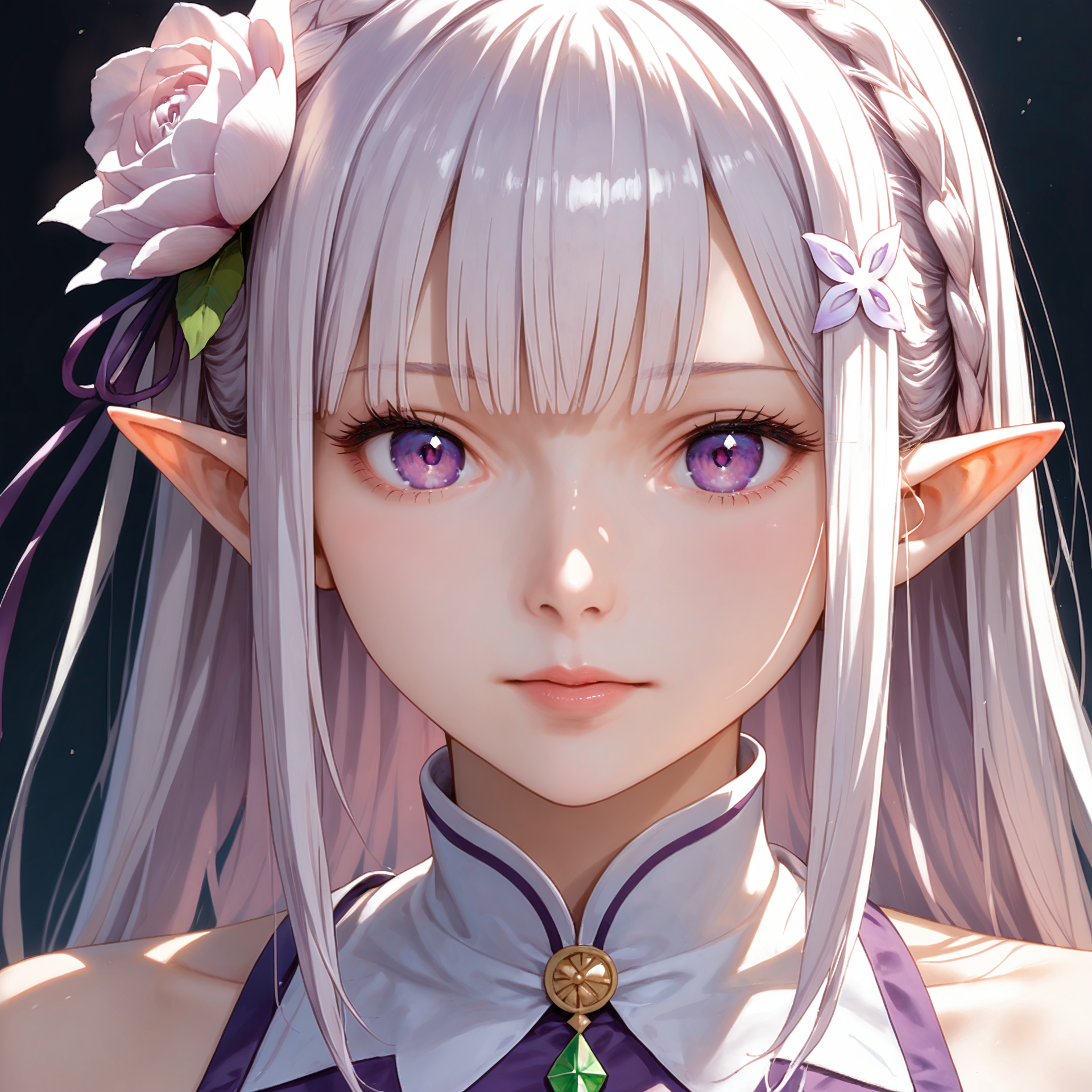 score_9, score_8_up, score_7_up, semi-real, (pretty_face), solo,  Masterpiece, finely detailed, ultra-detailed, hyper detailed, delicate detailed, <lora:lighting Slider_alpha1.0_rank4_noxattn_last:2>,  <lora:Smooth Pony Booster:0.5>,  <lora:StS_PonyXL_Detail_Slider_v1.4_iteration_3:4>,  <lora:emiliaPDXL_scarxzys:0.6>, (emilia), purple eyes, (white hair), long hair, blunt bangs, hair ornament, braid, hair flower, (pointy ears), (23years_woman), (SFW), (hyper_detailed_face),(ultra-detailed_eyes), (face_only),(delicate_detailed_hair)