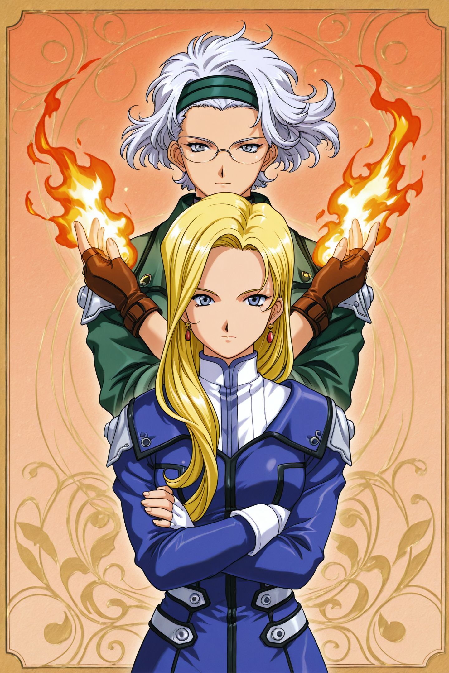 Game CG Style,Glycine Bleume,Lobelia Carlini,2girls,blonde hair,blue eyes,glasses,fire in hand,grey hair,long hair,short hair,grey eyes,gloves,jewelry,fingerless gloves,earrings,crossed arms,green hairband,
<lora:Sakura Wars_illustriousXL_v2:1>,