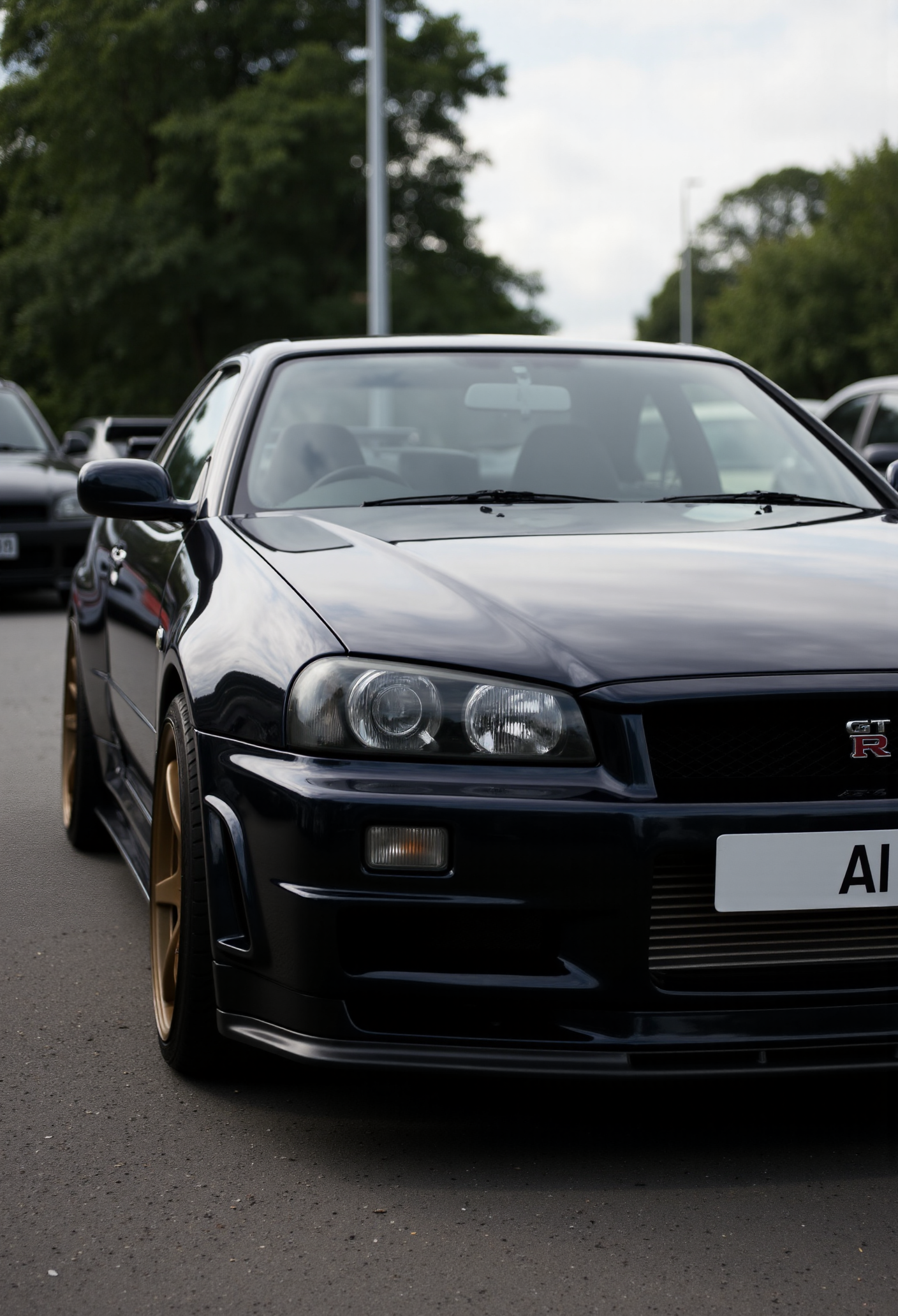 <lora:Nissan_Skyline_GT-R_R34:0.8> A slightly close shot of a modified Nissan Skyline GT-R R34 in all its shining glory. Mirror-like, flossy finish.
