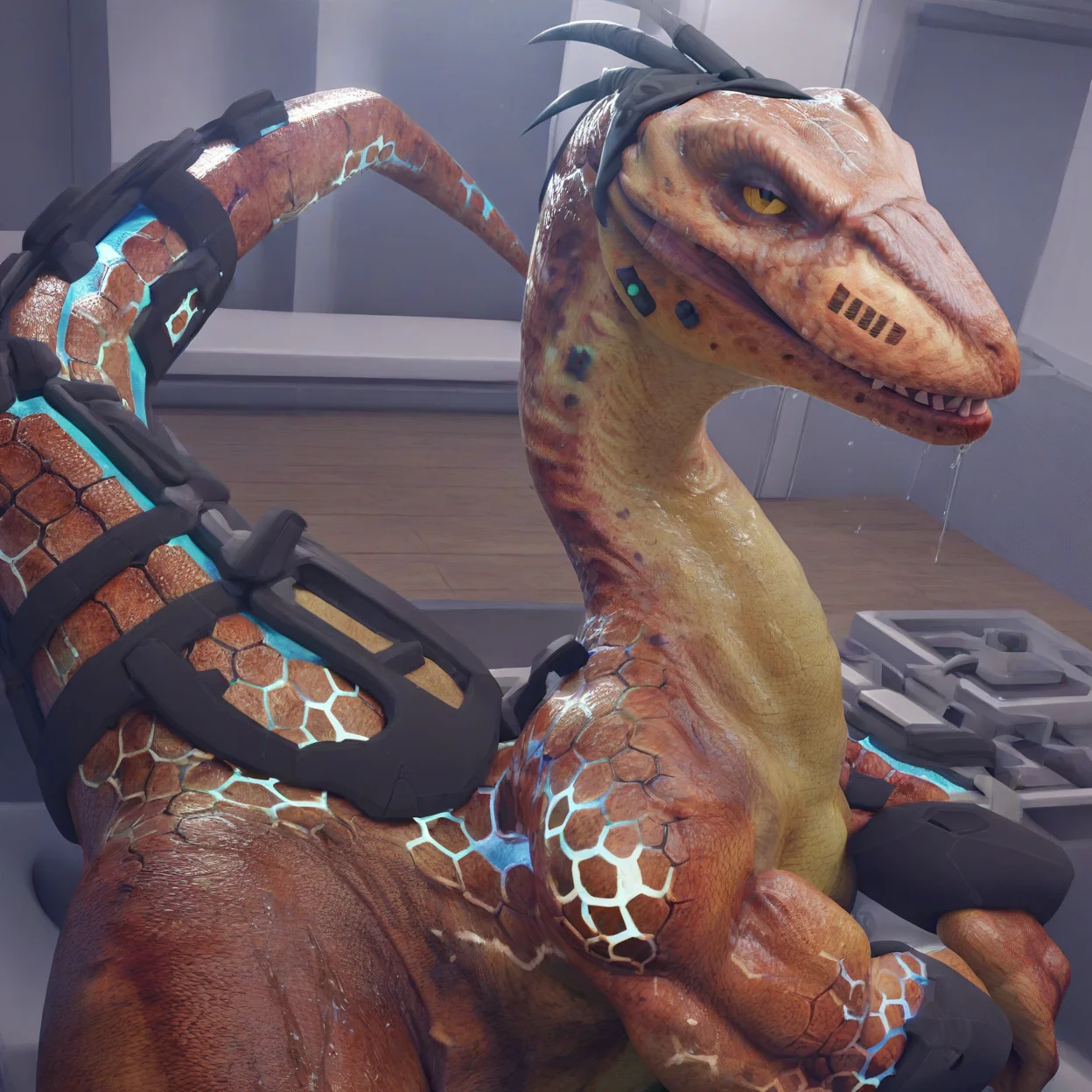 <lora:feralraptorxl:0.86>, feralraptorxl, source_furry_feral, solo, riptar (killer instinct), cowboy shot, beautiful, portrait, flat chest, curvy, (wet, sweat), lizard tail, bedroom eyes, (open mouth:0.7), glistening, scales, seductive, flirtatious, realistic detailed skin, portrait, upper body, dynamic pose, dutch angle, fangs, face focus, mouth focus, looking at viewer, detailed scales, detailed military base background, indoors, scifi, industrial, (dark, dark atmosphere:1.3), at night
score_9, score_8_up, score_7_up, <lora:add-detail-xl:1.4>,