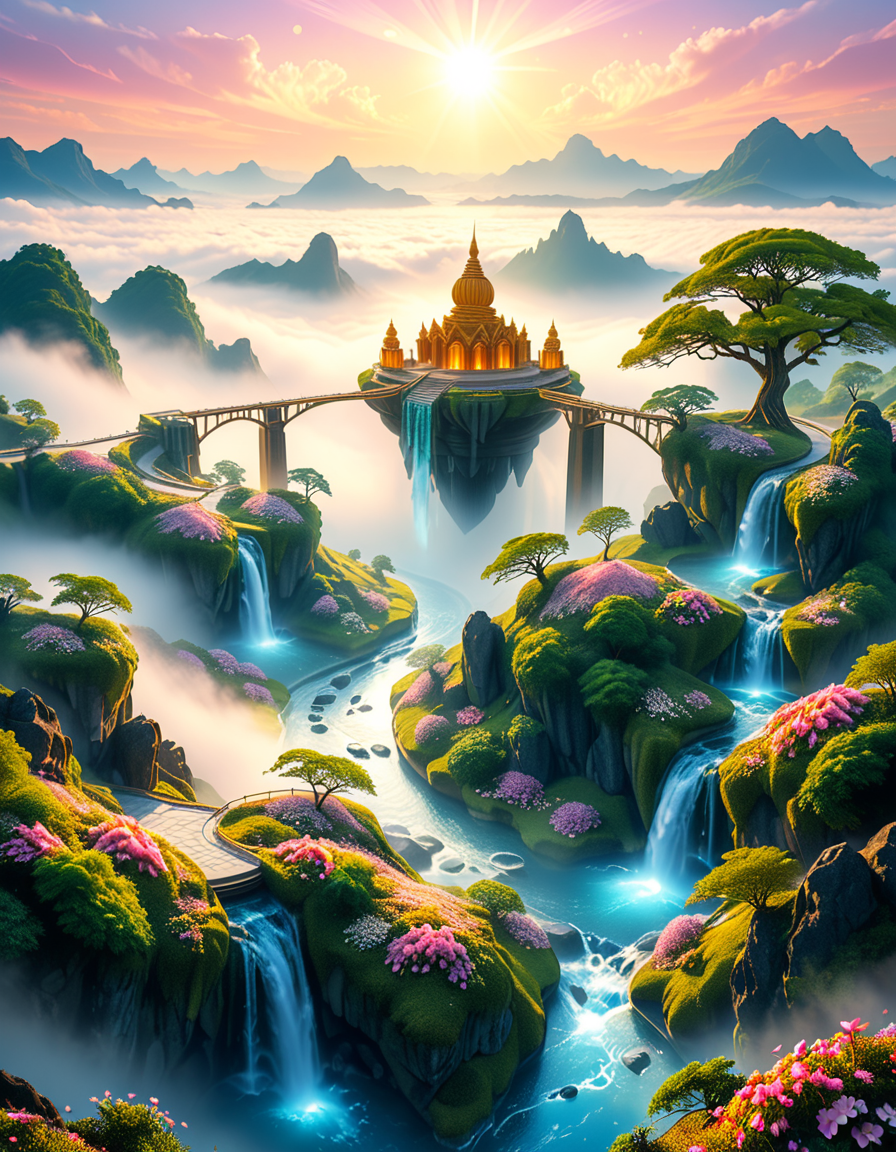 A mesmerizing celestial background featuring an otherworldly paradise. Towering crystalline mountains with peaks that glow softly under a sky painted in shifting hues of iridescent blues, pinks, and golds. Rivers of liquid light flow through vast, open meadows filled with luminescent flowers that pulse with a gentle glow. Gigantic, translucent trees with silver leaves sway in a breeze that carries floating particles of golden dust. Suspended bridges made of shimmering energy connect ancient, floating monoliths engraved with intricate celestial patterns. In the distance, an enormous radiant waterfall cascades into a bottomless, mist-covered abyss, reflecting the surrounding ethereal glow. A tranquil atmosphere, untouched and divine, filled with an overwhelming sense of wonder and serenity.
<lora:SDXLFaeTastic2400:0.4> <lora:extremely_detailed:0.4> extremely detailed, <lora:heavenly_l4ndsc4p3:1>,heavenly l4ndsc4p3, Masterpiece,best quality,hi res,8k,hi res,8k,award winning,(sharp focus, intricate, highly detailed),