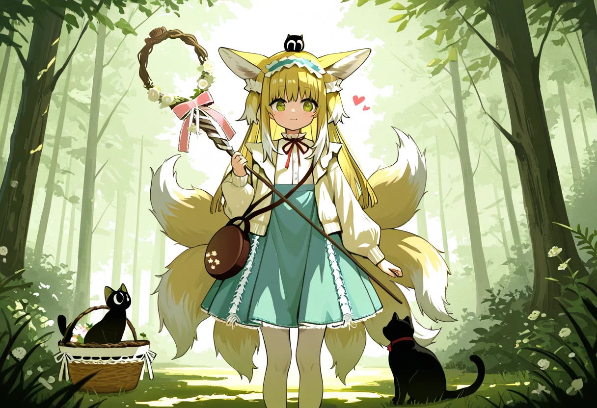 best quality, masterpiece, absurdres, suzuran \(spring praise\) \(arknights\), forest, basket, black cat, staff, heart <lora:suzuran_arknights:1>