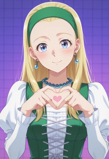 anime screencap, anime coloring,  <lora:DX888Serena:1> serena, blue eyes, blonde hair, long hair, hair slicked back BRAEK green hairband, earrings, dress, juliet sleeves, bead necklace, BREAK simple background,   purple background, honeycomb background, BREAK   1girl, blush, breasts,  hands up, (head tilt:1.2), heart hands, looking at viewer, portrait, solo, upper body,  4-finger heart hands, smile