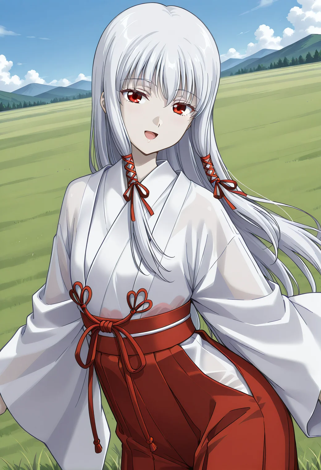 kuon_mio, red eyes, white hair, long hair, hair ribbon, tress ribbon, pale skin, albino, japanese clothes, white kimono, red hakama, see-through, <lora:kuon_mio_illustrious_ver1:0.8>
smile, open mouth,, masterpiece, best quality, very aesthetic, absurdres,, general,, 1girl, solo, blue sky, (grasslands:1.2), looking at viewer,, (cowboy shot, dynamic pose:1.4),