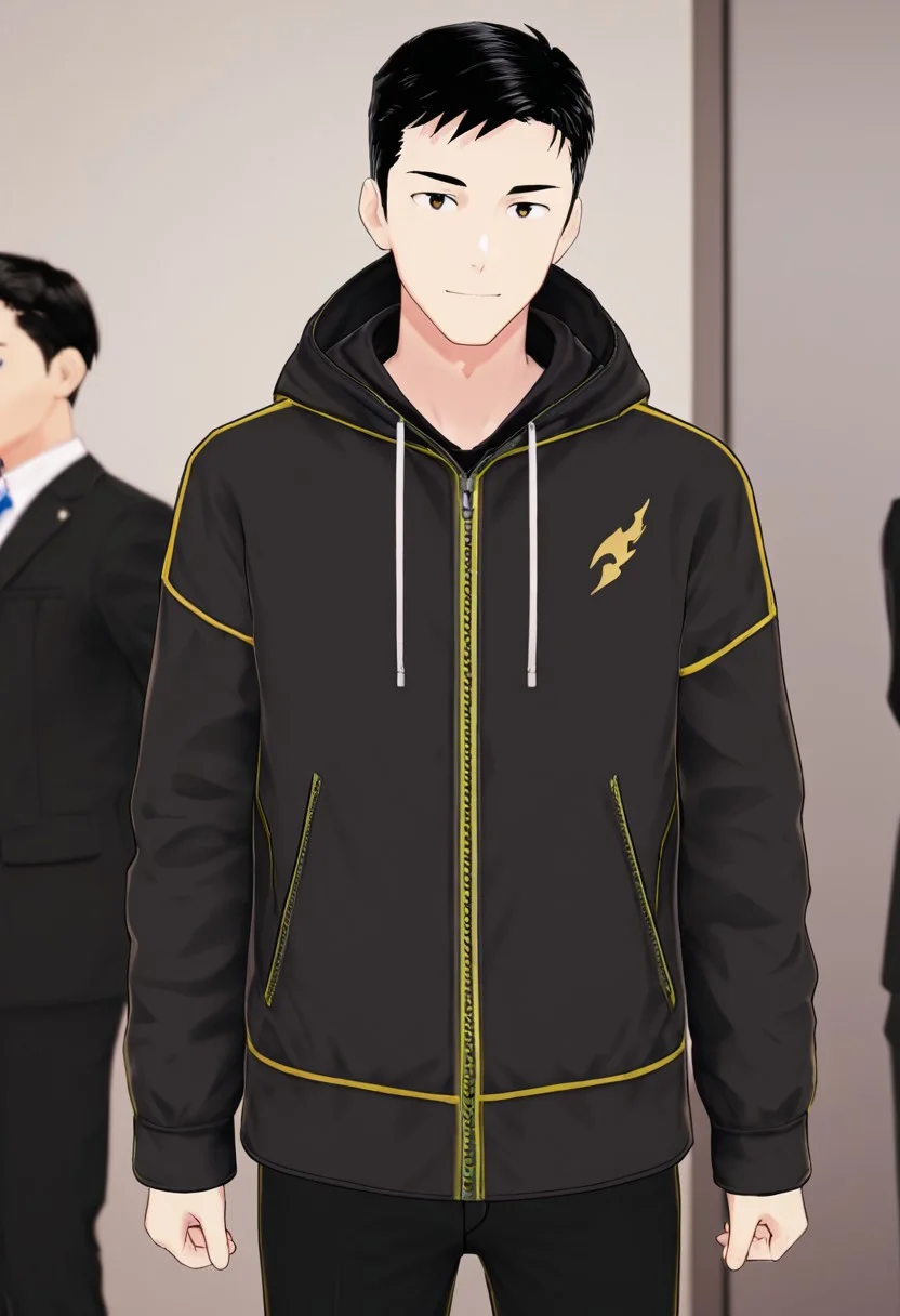 harmard, black hair, short hair, brown eyes, 1boy, solo, solo focus, jacket, black pants