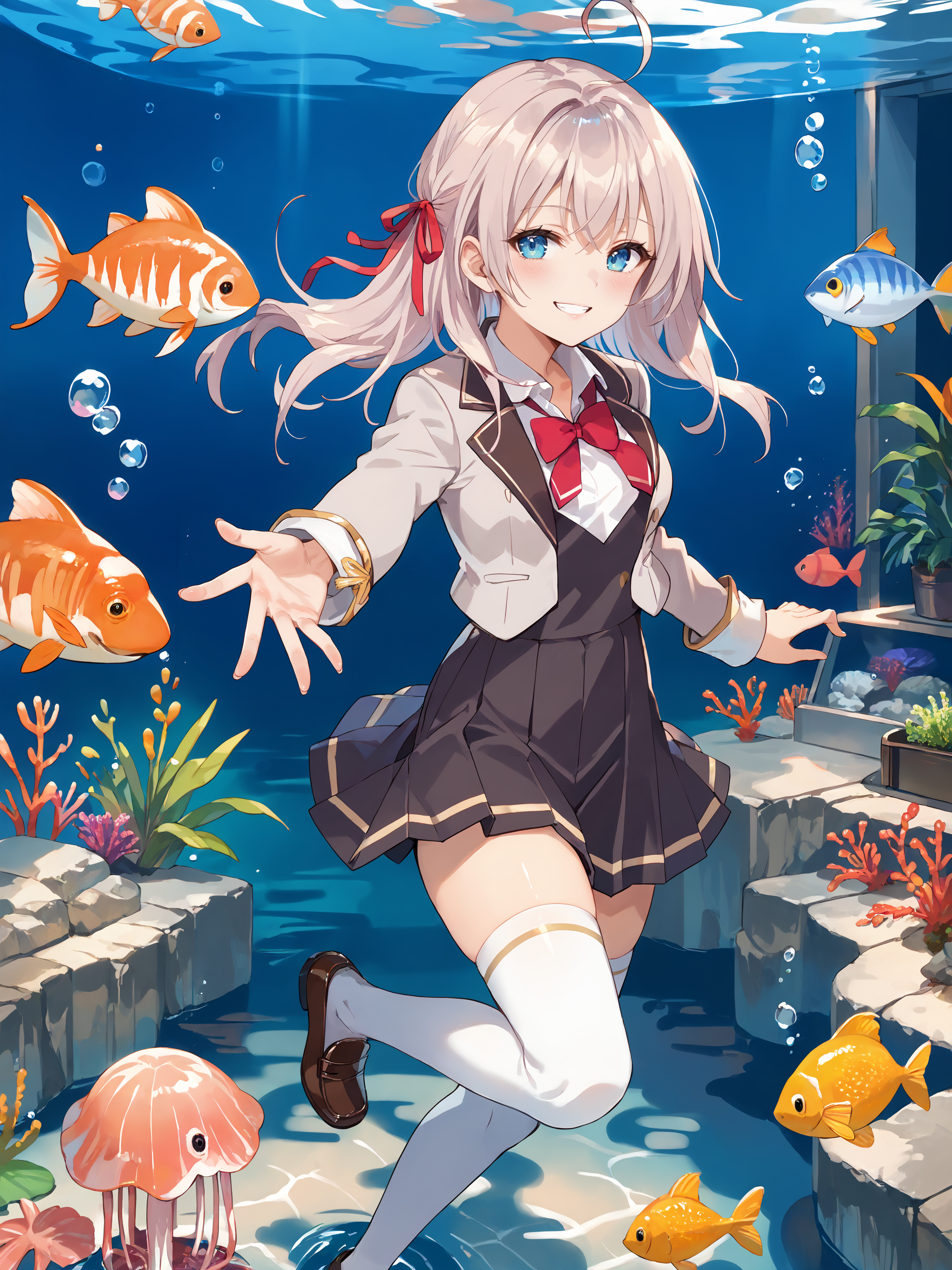 score_9, score_8_up, score_7_up, source_anime, 1girl, alisa mikhailovna kujou, hair ribbon, solo, white thighhighs, loafers, pleated skirt, collared shirt, bowtie, smile, hair ribbon, blazer, vest, full body, looking at viewer, aquarium, light smile, blush, reaching out, jellyfish, fish, fish tank  <lora:Char-Alis_Mikhailovna_Kujou-pony-V1:1>