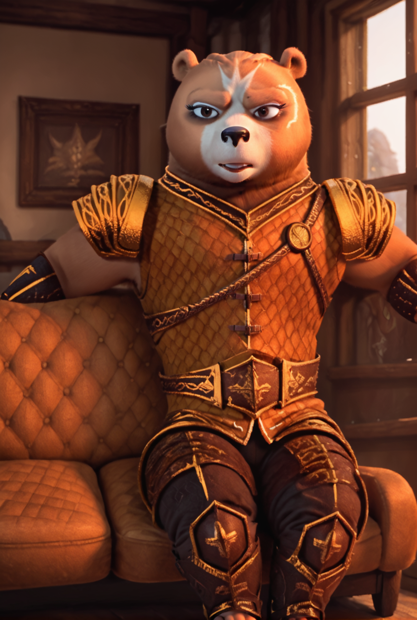score_9, score_8_up, score_8,
<lora:Luthera_the_Wandering_Knight_Kung_Fu_Panda_for_PonyXl:0.8> furry, bear, 1girl, luth3r4, furry female, solo, armor, 
parody, source_cartoon,
sitting on couch, living room, window,
