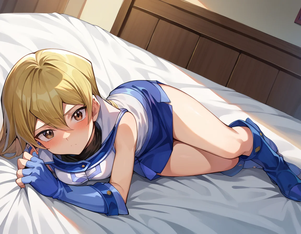 score_9, score_8_up, score_7_up, source_anime,
asukatenjouin, <lora:asuka-tenjouin-ponyxl-lora-nochekaiser:1>
asuka tenjouin, blonde hair, brown eyes, hair between eyes, long hair, straight hair, very long hair,
blue footwear, blue gloves, blue skirt, boots, duel academy uniform (yu-gi-oh! gx), elbow gloves, fingerless gloves, gloves, jacket, miniskirt, skirt, sleeveless, sleeveless jacket, sleeveless shirt, white jacket,
indoors, bed, bed room, on side, blush, drunk,
looking at viewer, cowboy shot, dutch angle,