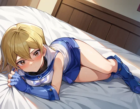 score_9, score_8_up, score_7_up, source_anime,
asukatenjouin, <lora:asuka-tenjouin-ponyxl-lora-nochekaiser:1>
asuka tenjouin, blonde hair, brown eyes, hair between eyes, long hair, straight hair, very long hair,
blue footwear, blue gloves, blue skirt, boots, duel academy uniform (yu-gi-oh! gx), elbow gloves, fingerless gloves, gloves, jacket, miniskirt, skirt, sleeveless, sleeveless jacket, sleeveless shirt, white jacket,
indoors, bed, bed room, on side, blush, drunk,
looking at viewer, cowboy shot, dutch angle,