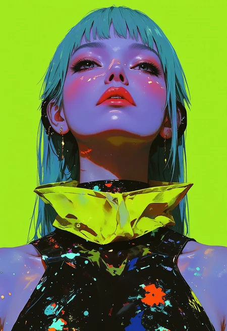 This is a hyper-realistic digital artwork depicting a striking woman with a blend of human and machine elements. She has a smooth, deep violet complexion and long, vibrant teal hair slicked back, giving a sleek, almost liquid appearance. Her facial features are sharp and angular, with high cheekbones and a narrow nose. Her eyes are closed, framed by electric blue eyelashes, and her lips are painted a rich, glowing magenta, creating a bold contrast against her skin.  
A glossy, obsidian-like substance with an almost fluid texture covers parts of her face, neck, and chest, reflecting light in intricate, shifting patterns. This effect gives the illusion of movement, as if the dark substance is alive. Around her neck, a high collar made of a striking neon yellow material adds a futuristic edge, standing out vividly against the darker elements.  
The background is a fluorescent green with extreme high contrast, intensifying the surreal, cyberpunk aesthetic. The interplay of light and shadow enhances the depth of the image, emphasizing the otherworldly texture of her skin and the dynamic, flowing nature of the dark substance. The composition is bold and futuristic, evoking a fusion of high fashion and digital surrealism.
