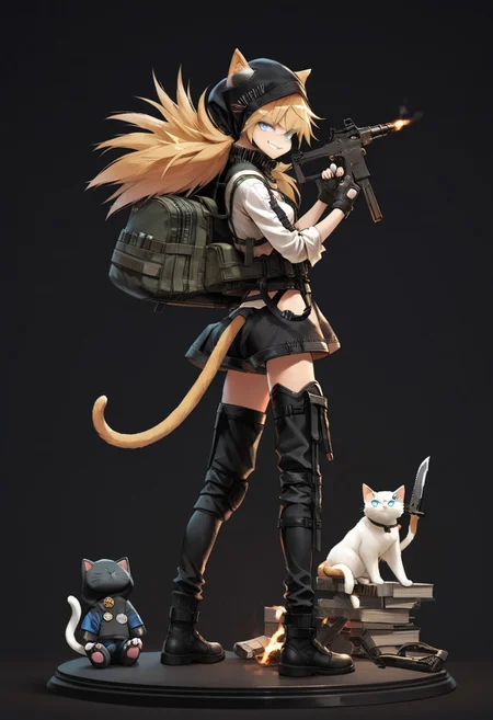 score_9, score_8_up, score_7_up, source_anime, 1girl, IDW \(GIRLS' FRONTLINE\), IDW Cloak and Cat Ears,
long hair, looking at viewer, smile, blue eyes, blonde hair, thighhighs, gloves, animal ears, tail, full body, weapon, cat ears, hood, fingerless gloves, cat tail, gun, bandages, knife, cat girl, black background, sheath, sheathed, knee pads, submachine gun, ears through headwear, explosive