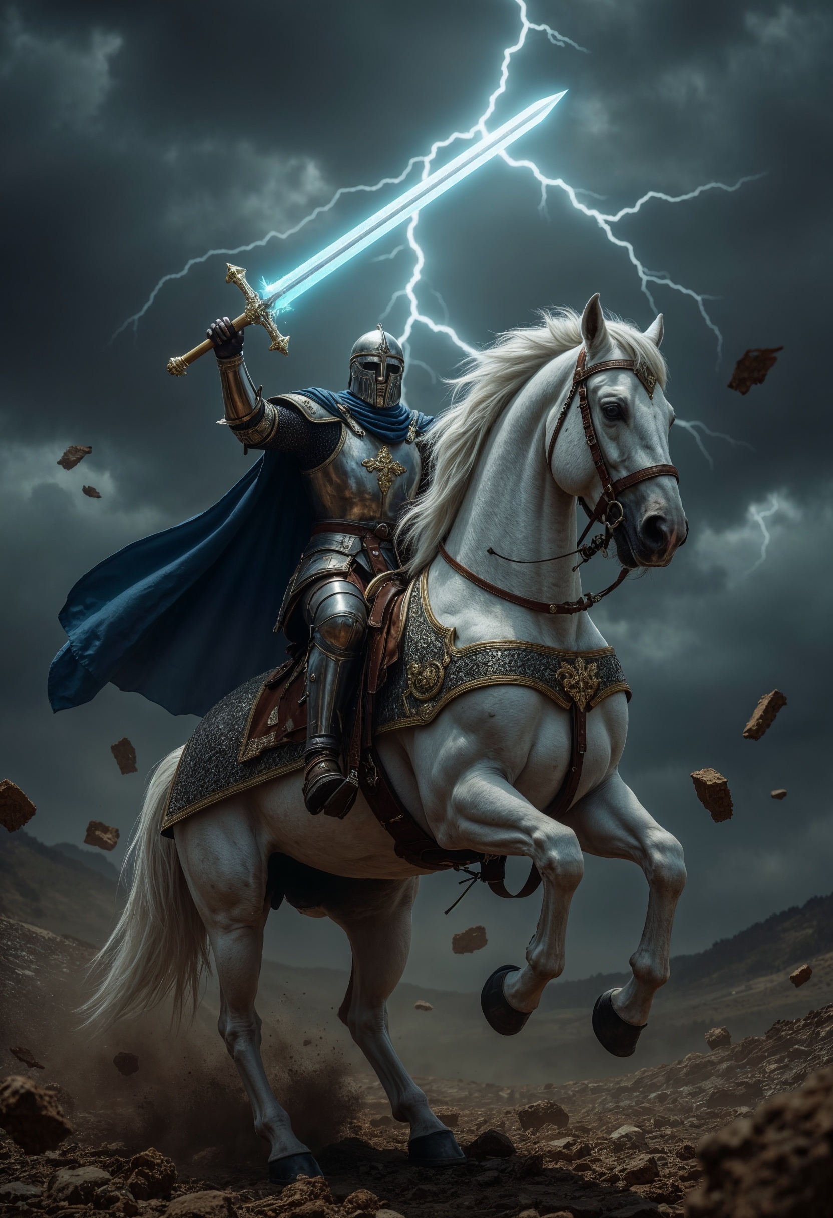 R3alism, a medieval knight in full armor, wielding a glowing sword, atop a rearing white horse. The knight wears a blue cloak and golden accents. The sky is stormy with dark clouds and lightning. The scene is dynamic, with debris flying and the horse's mane flowing. The knight's helmet is silver, and his armor is detailed with intricate designs. The image is highly detailed and realistic, with a dramatic, action-packed atmosphere.  <lora:FluxMythR3alism:1>