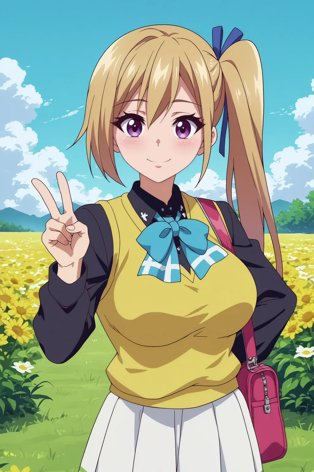 Mai Kawakami,1girl,solo,smile,mole,mole under eye,long hair,side ponytail,purple eyes,ribbon,hair ribbon,sweater vest,looking at viewer,school uniform,large breasts,white skirt,oily skin,shiny_skin,upper body,smile,good_hands,standing,peace sign BREAK outdoors,field,yellow flowers,blue sky,cloud <lora:Mai_Kawakami_-_Musaigen_no_Phantom_World.safetensors:0.8> <lora:detailed_backgrounds_v2.safetensors:0.5> <lora:add_detail.safetensors:0.5>