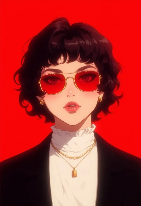 GLSHS, Stylized digital portrait of a person with fair skin and short, dark hair. The subject is wearing red-tinted sunglasses, a white shirt, and a black blazer. They have a confident expression with slightly parted lips and a relaxed posture. The background is a solid, vibrant red, which contrasts with the subject's attire. The person is accessorized with gold jewelry, including a necklace with a pendant and small hoop earrings. The overall composition is bold and striking, with a focus on the subject's face and upper body, flat color, dark theme,