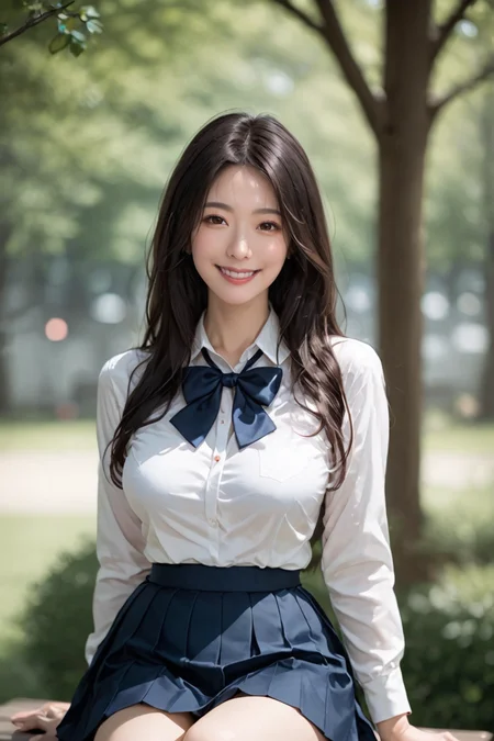 [50][24_94]Against a soft, true gradient blue background, a stunning real large breasts Japanese woman with long, flowing dark hair, her piercing gaze directly addressing the viewer. skirt, sitting, looking at viewer, shirt, brown eyes, outdoors, realistic, smile, school uniform, tree, white shirt, bow, long sleeves, bowtie, pleated skirt, collared shirt, black skirt, shirt tucked in <lora:IsabellaYuKiPonyGMV1:1:lbw=OUT03,OUT04,OUT05>, IsabellaYuKi, <lora:yamamura_sadako_pdxl_goofy:0.7:lbw=IN01,IN02,IN04,IN05,IN07,IN08,MID>, Realistic photograph, Movie light, film grain,score_9, score_8_up, score_7_up, <lora:add-detail-xl:0.5>, <lora:Expressive_H-000001:1.2>, <lora:IzayoiLycoXL:0.3>, embedding:pureerosface_v1, clean white dress, a stunning real medium breasts Japanese woman with long, flowing dark hair, her piercing gaze directly addressing the viewer.