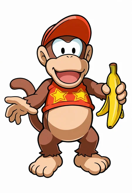1boy, solo,
standing,
no humans, kong, furry male,
diddykong, tail,
looking at viewer, smile, open mouth,
banana,
simple background, white background