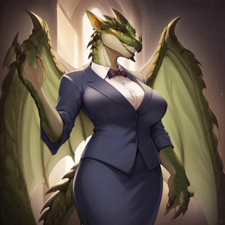 score_9, score_8_up, score_7_up, score_6_up, semi-realistic artwork, high quality, vibrant colors, best quality rendering, intricate details, high resolution, sharp focus, best render quality,solo,[e621] Scappo Style
Rathian,anthro,teeth, claws,green scales, dark scales,green skin,female,large breast,business outfit,wings,horns,heavy scaled,wyvern,tail