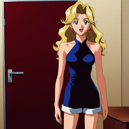 <lora:JudyCowboyBebop_pony_v1:.65> JudyCowboyBebop, 1girl, blonde hair, long hair, earrings, retro artstyle, green eyes, breasts, 1990s (style), cowboy shot,  <lora:camisole_pony_V1.1:0.6> camisole,shorts, <lora:0932 Home wear 9_v1_pony:1> ruanyi0932,blue dress,halter dress,sleeveless,cowboy shot,taut dress,skin tight,long dress