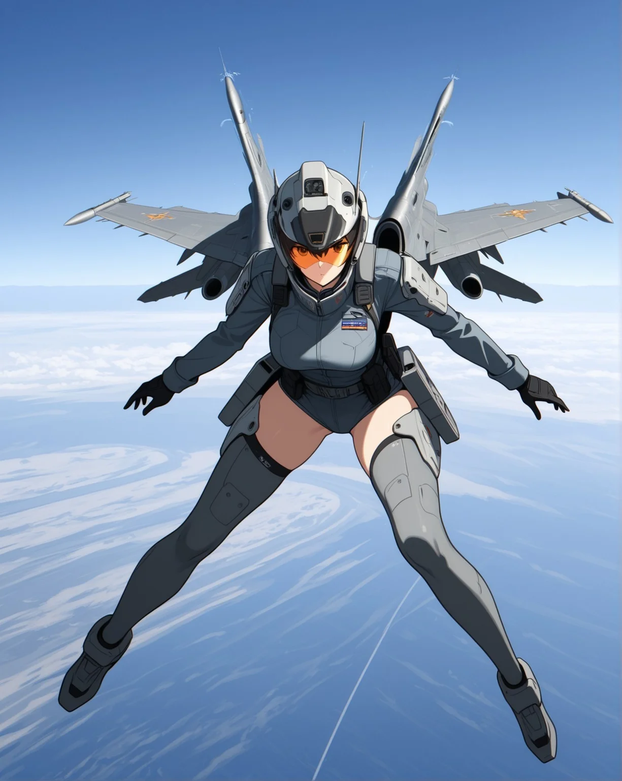 <lora:F-16_Illustrious:1>,1girl, mecha musume, f-16 inspired outfit, fighter jet theme, aircraft parts integrated into armor, mechanical wings, jet thrusters on back, cockpit canopy elements, visor helmet, military uniform, gloves, thighhighs, tactical gear, dynamic pose, flying, sky background, vapor trails, anime style, full body, masterpiece, best quality, amazing quality