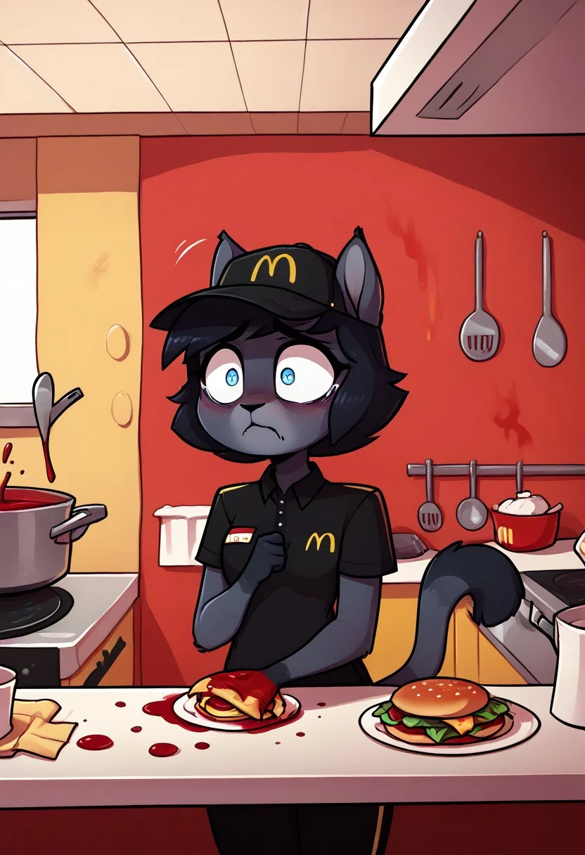 score_9, score_8_up, score_7_up, employee uniform, mcdonald's, black shirt, black pants, hat, <lora:McDonaldsUniform_pdxl_Incrs_v1:1>, kitchen, food, mess, spilled drink, BREAK
kijiji, feline, grey fur, black hair, blue eyes, wide eyes, scared, panic