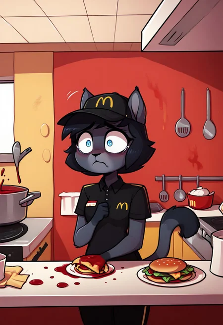 score_9, score_8_up, score_7_up, employee uniform, mcdonald's, black shirt, black pants, hat, <lora:McDonaldsUniform_pdxl_Incrs_v1:1>, kitchen, food, mess, spilled drink, BREAK
kijiji, feline, grey fur, black hair, blue eyes, wide eyes, scared, panic