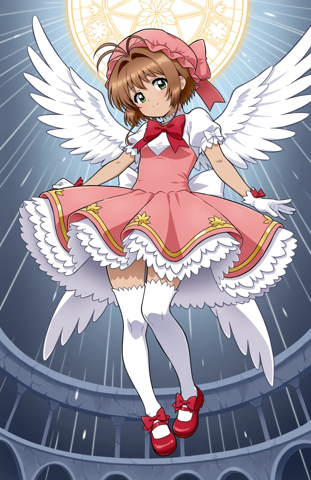 1girl, solo, <lora:Daikin:1> dkn,
kinomoto sakura, kinomoto sakura \(magic dream costume\), white white shirt, puffy short sleeves, pink dress, frilled dress, white thighhighs, red mary janes, footwear ribbon, red bow, pink bow, white gloves, white wings, pink headwear, mob cap,
(medium shot), crossing a mystical bridge, detailed face, located in a magical scene at a ancient giant's fortress during morning with rainy weather, illuminated by sparkling orbs, creating a wondrous,majestic atmosphere, extremely detailed, highres, masterpiece, best quality