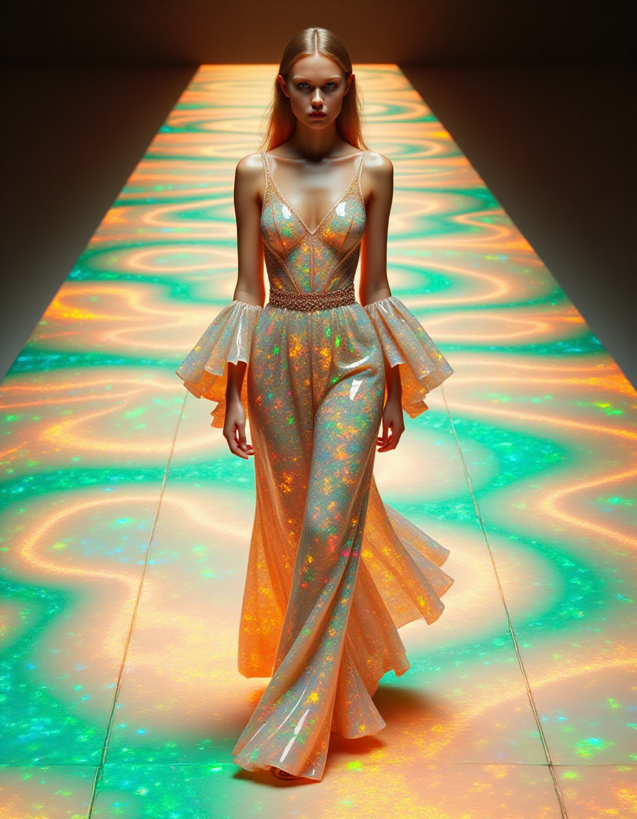 A female model strides down an infinite runway of glowing ral-opal tiles, her every step creating ripples of light that shimmer in vibrant hues of orange, turquoise, and green. She wears a stunning ral-opal gown with exaggerated, flowing sleeves that trail behind her like liquid light. Her pose is mid-stride, with her chin slightly tilted and her piercing eyes fixed directly on the viewer. The abstract runway extends into a horizon of glowing light, blending fashion, movement, and surreal beauty in one captivating scene.
<lora:ral-opal-flux_000004000:1>