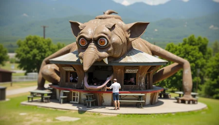tilt-shift photo of alarming scene of a colossal rusted scared hellhound shaped novelty architecture building operating as a bar in a national park.  . selective focus, miniature effect, blurred background, highly detailed, vibrant, perspective control