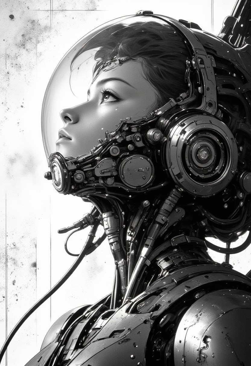 highly detailed and hyper realistic and dynamic.  This black-and-white retro anime image featuring a young girl with short hair wearing a futuristic, armored spacesuit with a transparent helmet. She is depicted in profile, gazing upwards, with a thoughtful expression. The suit has various gadgets and a communication device on her chest. The background is minimalistic, with a stars in the upper left corner and a textured, abstract pattern. The lighting is soft, highlighting her determined face. The angle is slightly low and the style is a blend of sci-fi and manga/anime. highly detailed and hyper realistic. highest details and hyper realism.