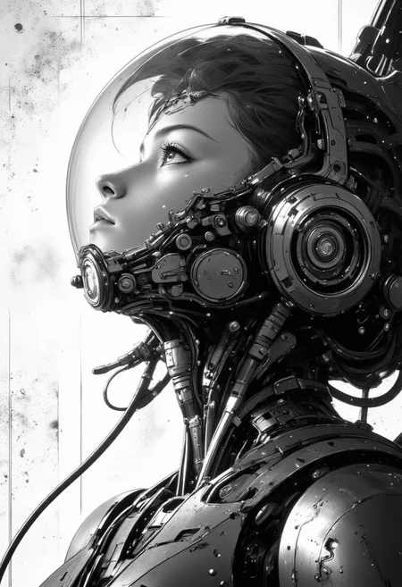 highly detailed and hyper realistic and dynamic.  This black-and-white retro anime image featuring a young girl with short hair wearing a futuristic, armored spacesuit with a transparent helmet. She is depicted in profile, gazing upwards, with a thoughtful expression. The suit has various gadgets and a communication device on her chest. The background is minimalistic, with a stars in the upper left corner and a textured, abstract pattern. The lighting is soft, highlighting her determined face. The angle is slightly low and the style is a blend of sci-fi and manga/anime. highly detailed and hyper realistic. highest details and hyper realism.