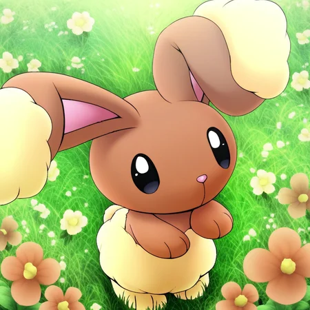 score_9, solo, buneary, furry, pokemon_(creature), black eyes, brown fur, body fur, rabbit ears, looking at viewer, cute, grass, flowers, natural lighting