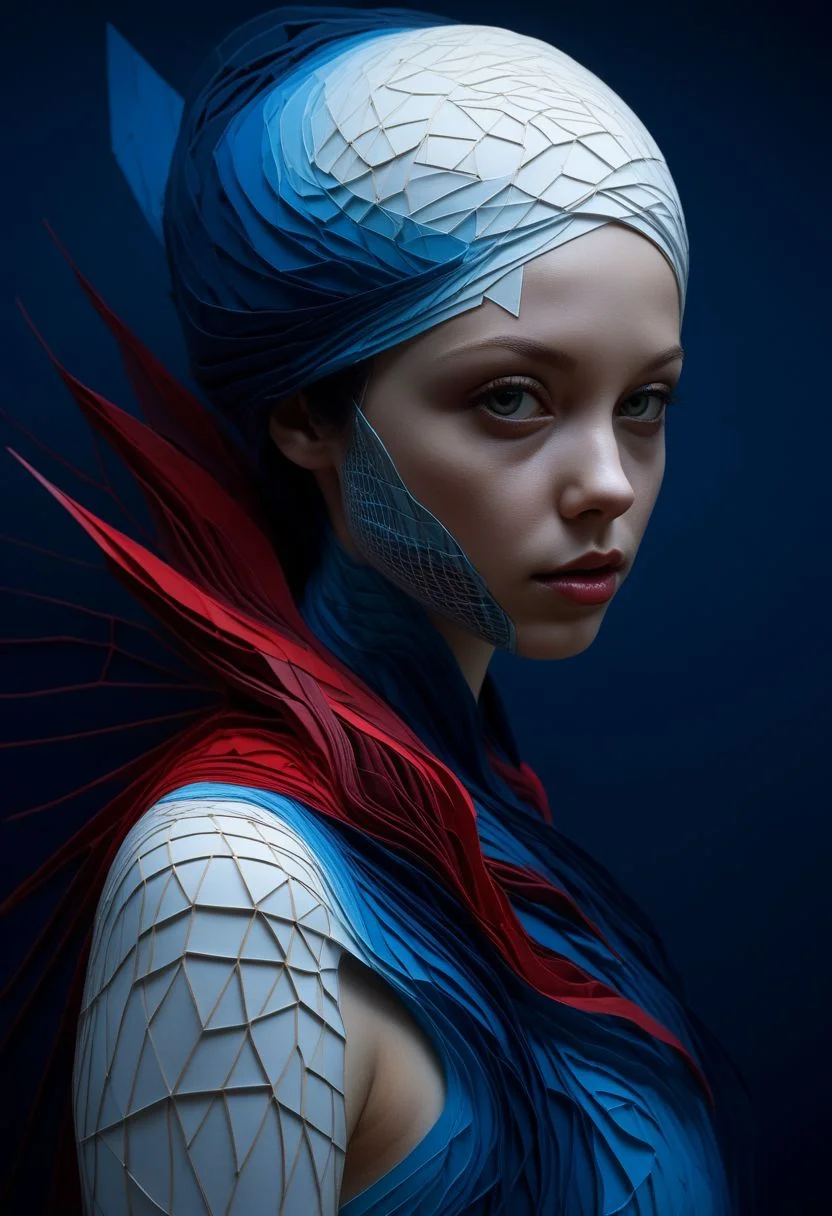 layered papercut, mysterious face, an exotic woman in artsy clothing, fading backlit background, (deep sea fading white to deep blue/red), alluring goddess, by Minjae Lee, Carne Griffiths, Emily Kell, Steve McCurry, Geoffroy Thoorens, Aaron Horkey, Jordan Grimmer, Greg Rutkowski, amazing depth, double exposure, surreal, geometric patterns, intricately detailed, bokeh,  perfect balanced, deep fine borders, artistic photorealism , smooth,  great masterwork by Suiras  <lora:add-detail-xl:2>  <lora:Double_Exposure:0.5>