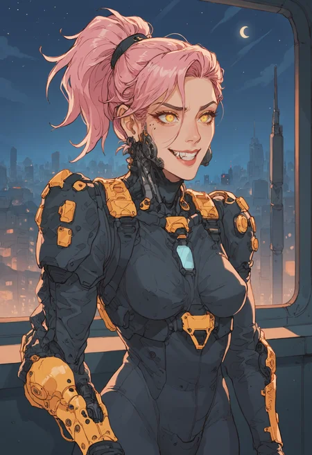 score_9, score_8_up, score_7_up, (extreme closeup, portrait:1.4), highly detailed, mechanical jaw, 1girl, mature female, medium breasts, tall, skinny, futuristic, window, city at night, at night, ponytail, pink hair, [fangs], light smile, dreamy eyes, armor, pink and yellow color scheme, melancholy,
 <lora:ArmorPunk_epoch_5:1>, arm0rpunk