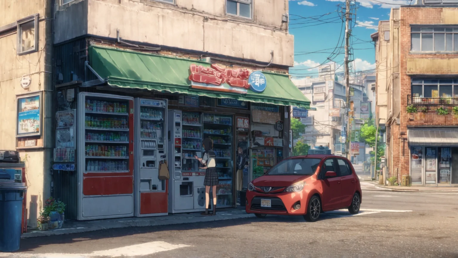 general, vending machine, scenery, road, shop, street, outdoors, motor vehicle, plant, trash can, potted plant, building, car, air conditioner, bag, skirt, utility pole, 1girl, city, day, sidewalk, sign, crosswalk, school uniform, convenience store, window, storefront, shadow, socks, black socks, road sign, short hair
<lora:MakotoShinkai_ANI31_LoKr:1>