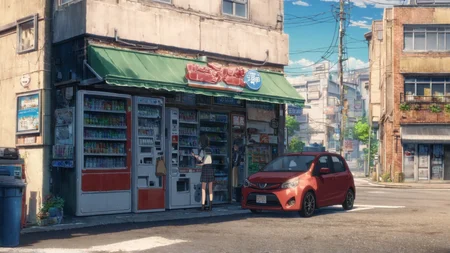 general, vending machine, scenery, road, shop, street, outdoors, motor vehicle, plant, trash can, potted plant, building, car, air conditioner, bag, skirt, utility pole, 1girl, city, day, sidewalk, sign, crosswalk, school uniform, convenience store, window, storefront, shadow, socks, black socks, road sign, short hair
<lora:MakotoShinkai_ANI31_LoKr:1>