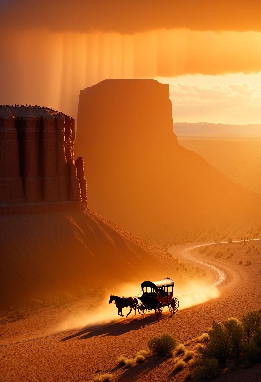 ispzxll, diorama, isometric, miniature, volumetric lighting style, intricate details, old west, americain frontier, wild west, horse, carriage, fast, view of bluff, dynamic frame, long shadows, golden hour, epic, rainstorm on horizon