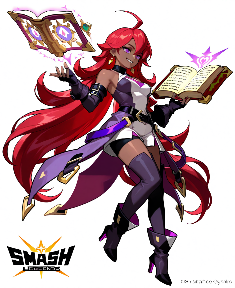 <lora:smashlegends:1> smashlegends,
(masterpiece), (best quality), (ultra-detailed), amazing quality, very aesthetic, illustration, perfect composition, intricate details, absurdres, incredibly absurdres, shiny skin, realistic,
 smashlegends, 1girl, long hair, red hair, book, solo, dark skin, skinned female, gloves, floating, white background, ahoge, smile, full body, floating object, high heels, very long hair, simple background, black gloves, grin, open book, floating book, earrings, fingerless gloves, jewelry, breasts, bare shoulders, boots, belt, elbow gloves, purple eyes, , copyright name, sensitive