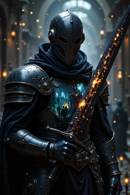R3alisticF,A mirror knight whose polished black armor shows infinite reflections within reflections. His sword captures the last moments of those he slays. Every surface of his armor displays a different moment in time. Fantastic lighting. Detailed shadows.intricate details, vivid colors, hyper-detailed, ultra-sharp<lora:FluxMythR3alisticF>
