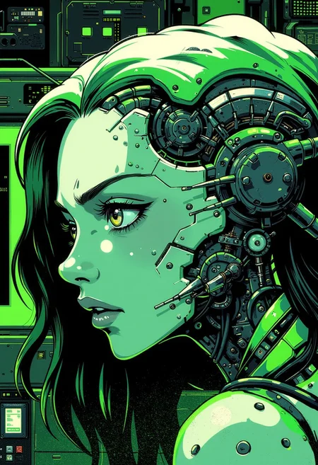 <lora:ck-Goro-Fujita:1>, digital artwork in the style of ckgf, A mesmerizing close-up portrait of an alien woman, her striking features blending extraterrestrial elegance with subtle mechanical elements. Her skin has a smooth, otherworldly texture, adorned with small, organic patterns. Her long, wavy hair cascades around her face, but in the Gameboy-style palette of green, white, and black. Mechanical elements are seamlessly integrated into her face and neck—sharp, angular pieces emerge like delicate circuitry. The chiaroscuro-inspired lighting brings deep contrast, with bold shadows enhancing her alien beauty. The background features a cyberpunk workshop, and the limited palette emphasize the alien and mechanical features, while a soft green glow outlines parts of her face and hair, creating a futuristic yet nostalgic visual reminiscent of early handheld gaming
<lora:ck-nc-pastel-cyberpunk:0.3>
<lora:ck-MetalGearSolid:0.25>
<lora:RetroAnimeFluxV1:0.25>