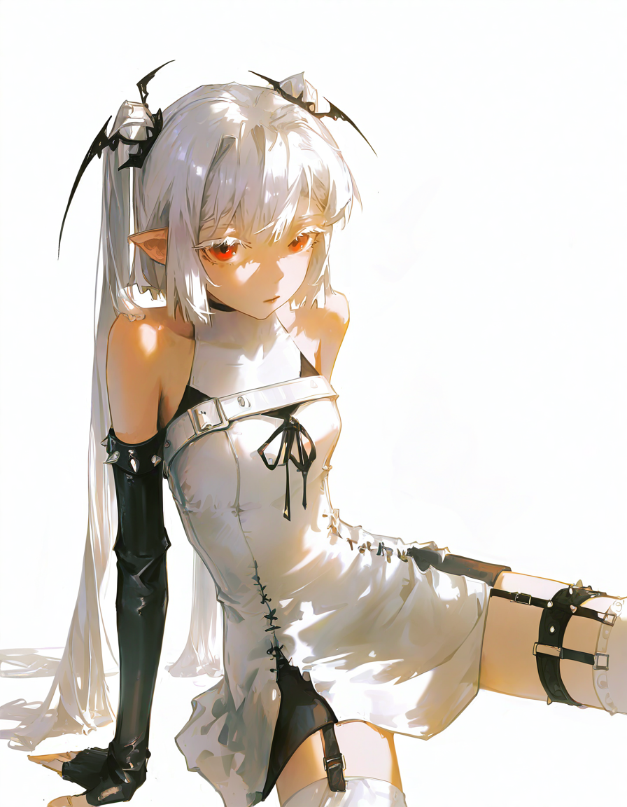 liloai,1girl,solo,<lora:liloai-000012:1>,looking at viewer,simple background,cowboy shot,white background,white dress,bare shoulders,bare shoulders,garter straps,pointy ears,fingerless gloves,detached sleeves,sitting,, masterpiece, best quality, very aesthetic, absurdres,newest, incredibly absurdres,, (klskx:1.1),dino \(dinoartforame\),