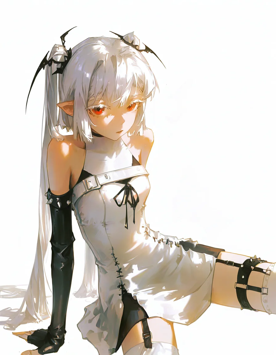 liloai,1girl,solo,<lora:liloai-000012:1>,looking at viewer,simple background,cowboy shot,white background,white dress,bare shoulders,bare shoulders,garter straps,pointy ears,fingerless gloves,detached sleeves,sitting,, masterpiece, best quality, very aesthetic, absurdres,newest, incredibly absurdres,, (klskx:1.1),dino \(dinoartforame\),