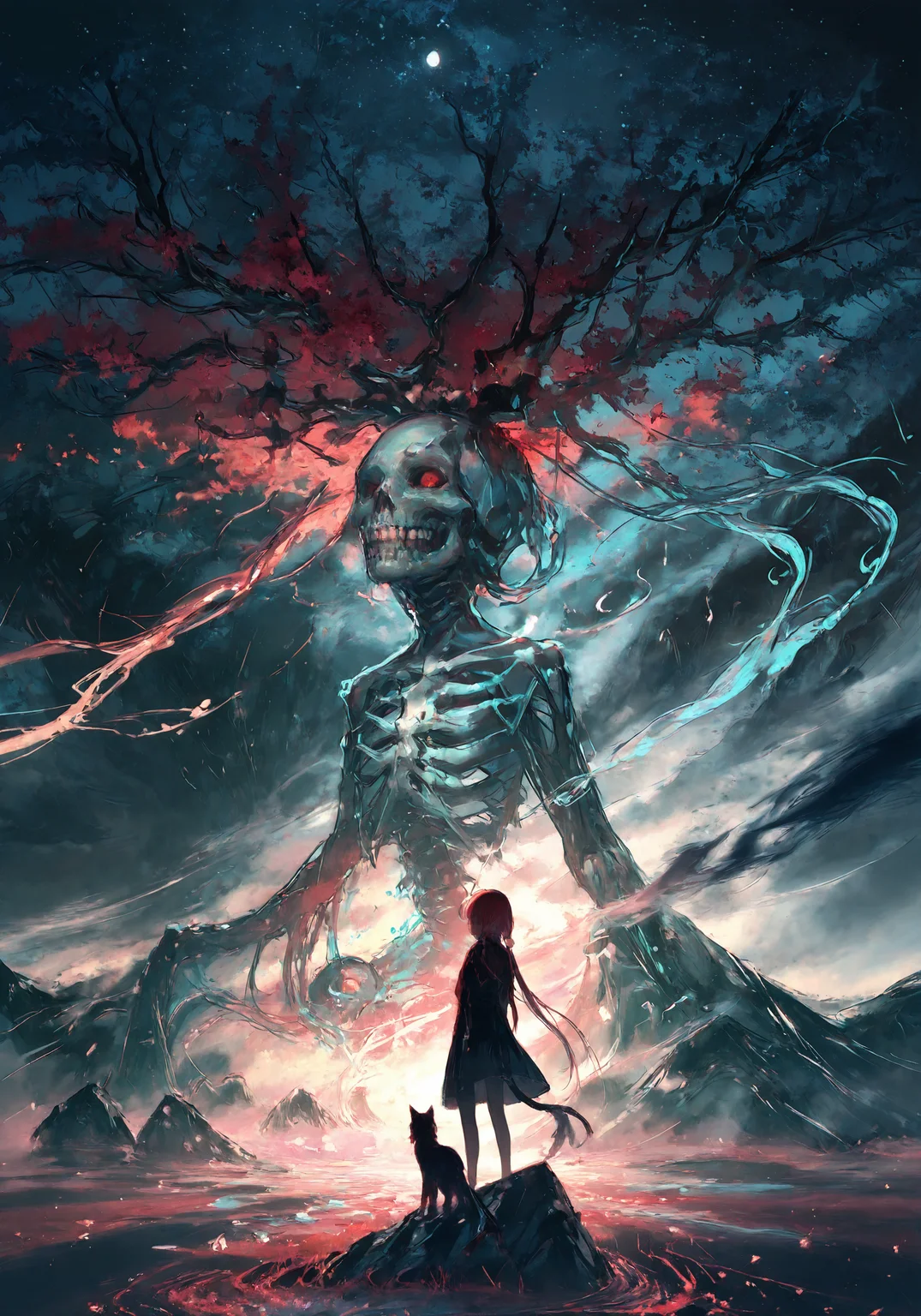 rella, rolua, negative space, cinematic shot, very awa, masterpiece, highres, absurdres, newest, wide shot, ,slimes_skullwm,made of skulls,kaenbyou_rin_(cat), touhou, 1girl, pink_hair, red_eyes, solo, <lora:UmeSky_Illustrious:1>